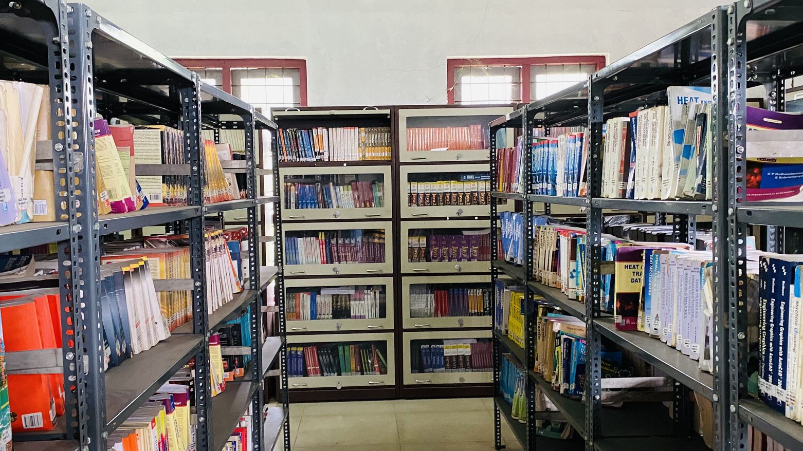 College library reading hall with bookshelves